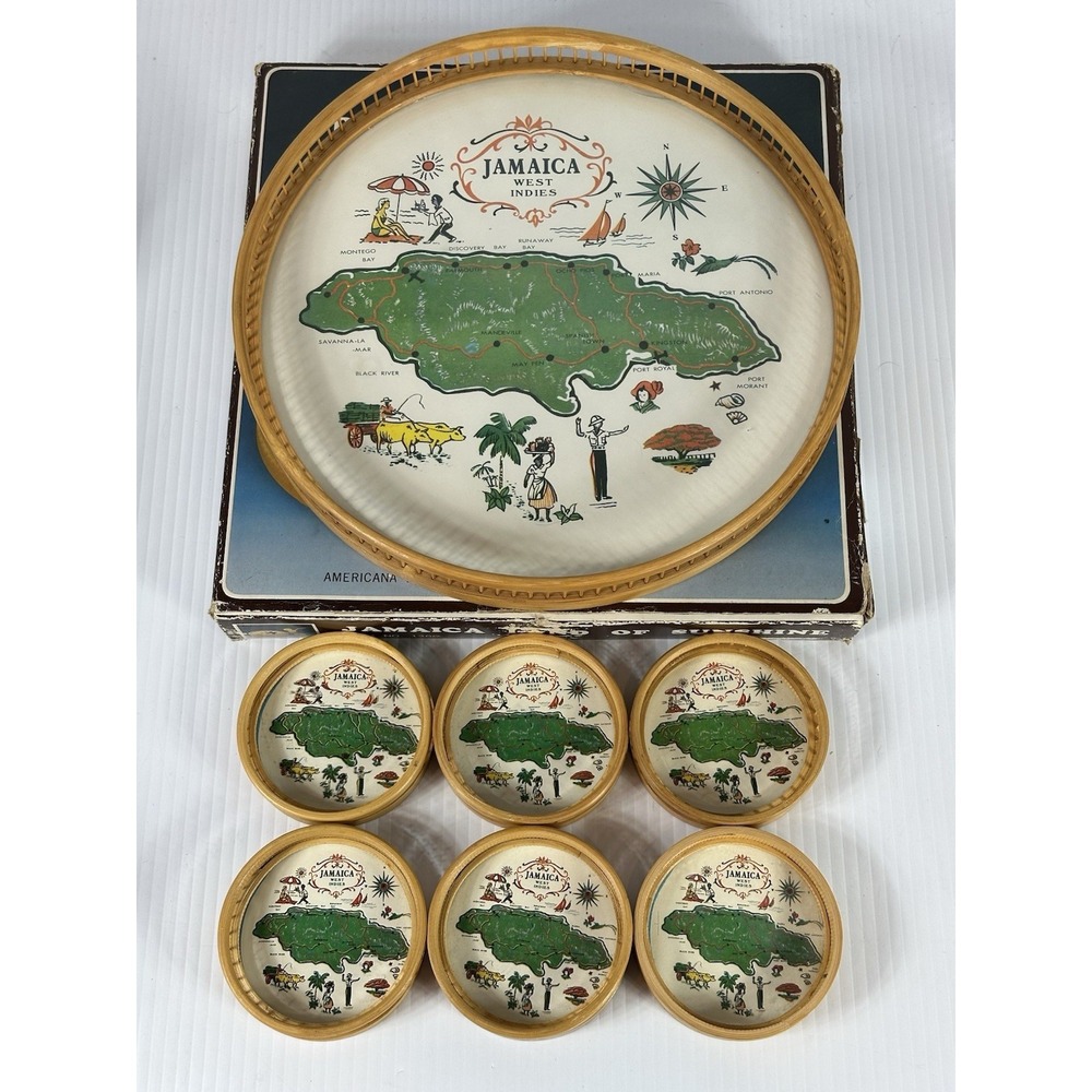 Vintage Jamaica West Indies Tray 6 Coasters Bamboo Glass Souvenir Original Box
